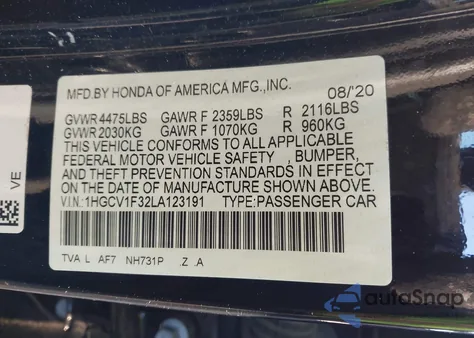 2020 Honda Accord Sport z USA, uszkodzony, nr VIN 1HGCV1F32LA123191